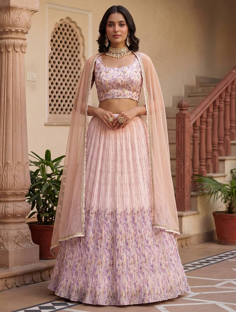 peach floral printed georgette lehenga set choli with dupatta