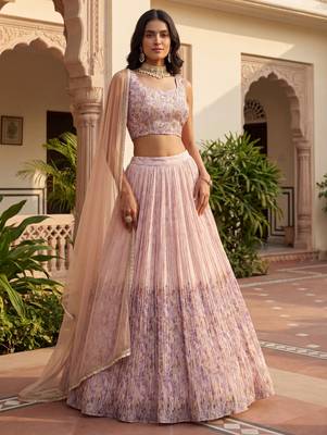 peach floral printed georgette lehenga set choli with dupatta 2