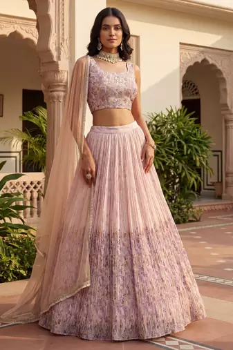 peach floral printed georgette lehenga set choli with dupatta