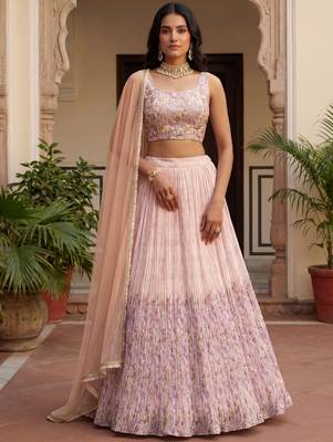 peach floral printed georgette lehenga set choli with dupatta 3