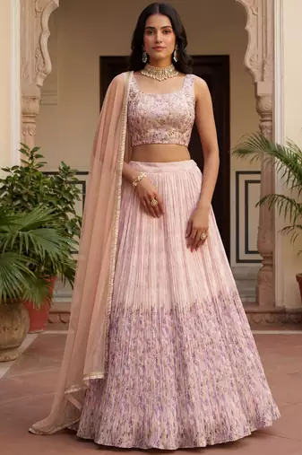 peach floral printed georgette lehenga set choli with dupatta