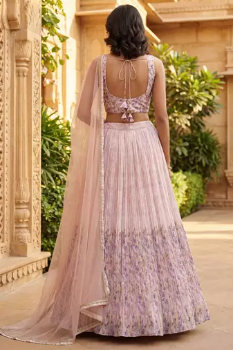 peach floral printed georgette lehenga set choli with dupatta
