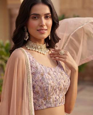 peach floral printed georgette lehenga set choli with dupatta 5