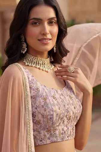 peach floral printed georgette lehenga set choli with dupatta