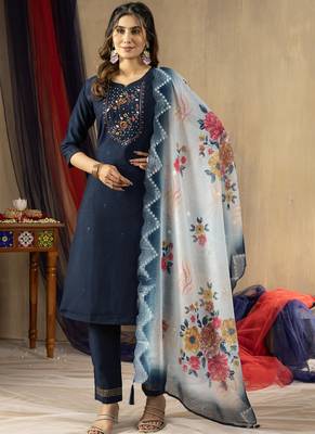 Blue viscose mango silk embroidered thread work salwar suit 1