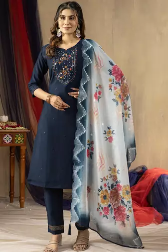 Blue viscose mango silk embroidered thread work salwar suit