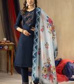 Blue viscose mango silk embroidered thread work salwar suit