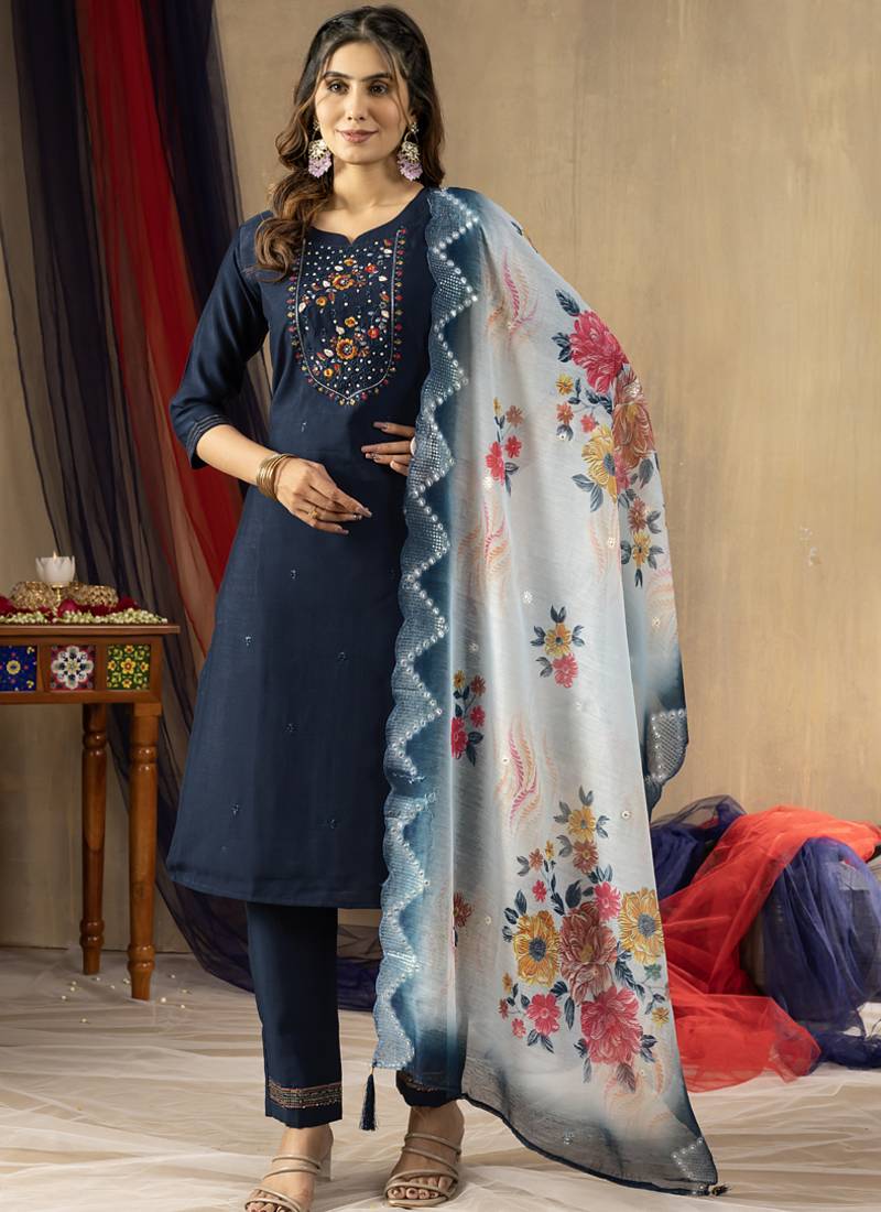 Blue viscose mango silk embroidered thread work salwar suit