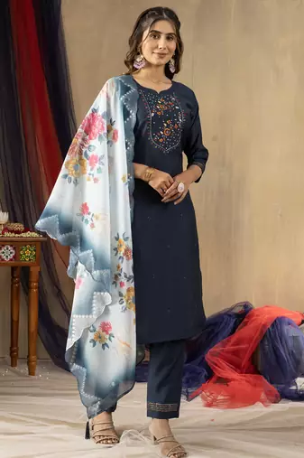 Blue viscose mango silk embroidered thread work salwar suit