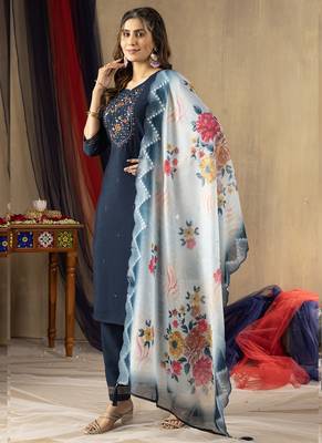Blue viscose mango silk embroidered thread work salwar suit 3
