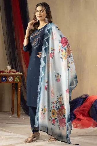 Blue viscose mango silk embroidered thread work salwar suit