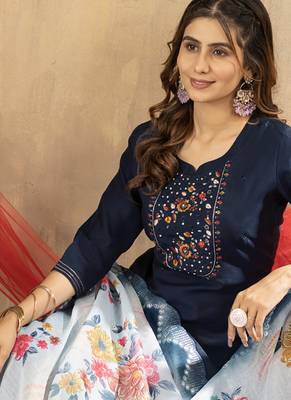 Blue viscose mango silk embroidered thread work salwar suit 4