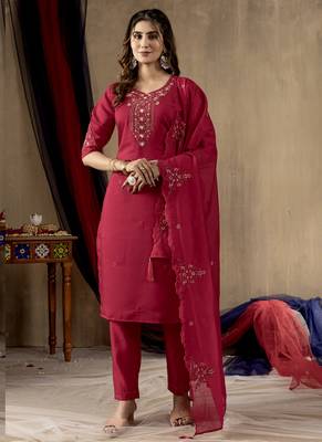 Rani pink roman silk thread embroidered salwar suit 1