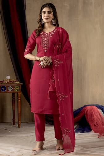 Rani pink roman silk thread embroidered designer salwar suit