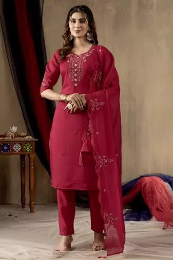 Rani pink roman silk thread embroidered designer salwar suit