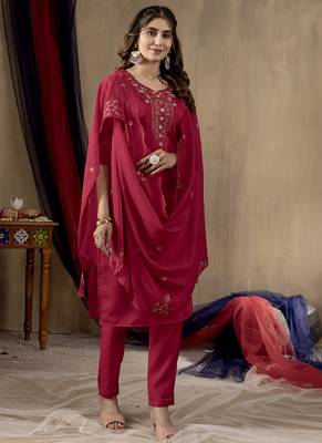Rani pink roman silk thread embroidered salwar suit 2