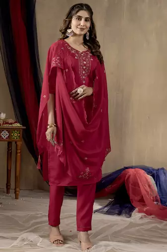 Rani pink roman silk thread embroidered salwar suit