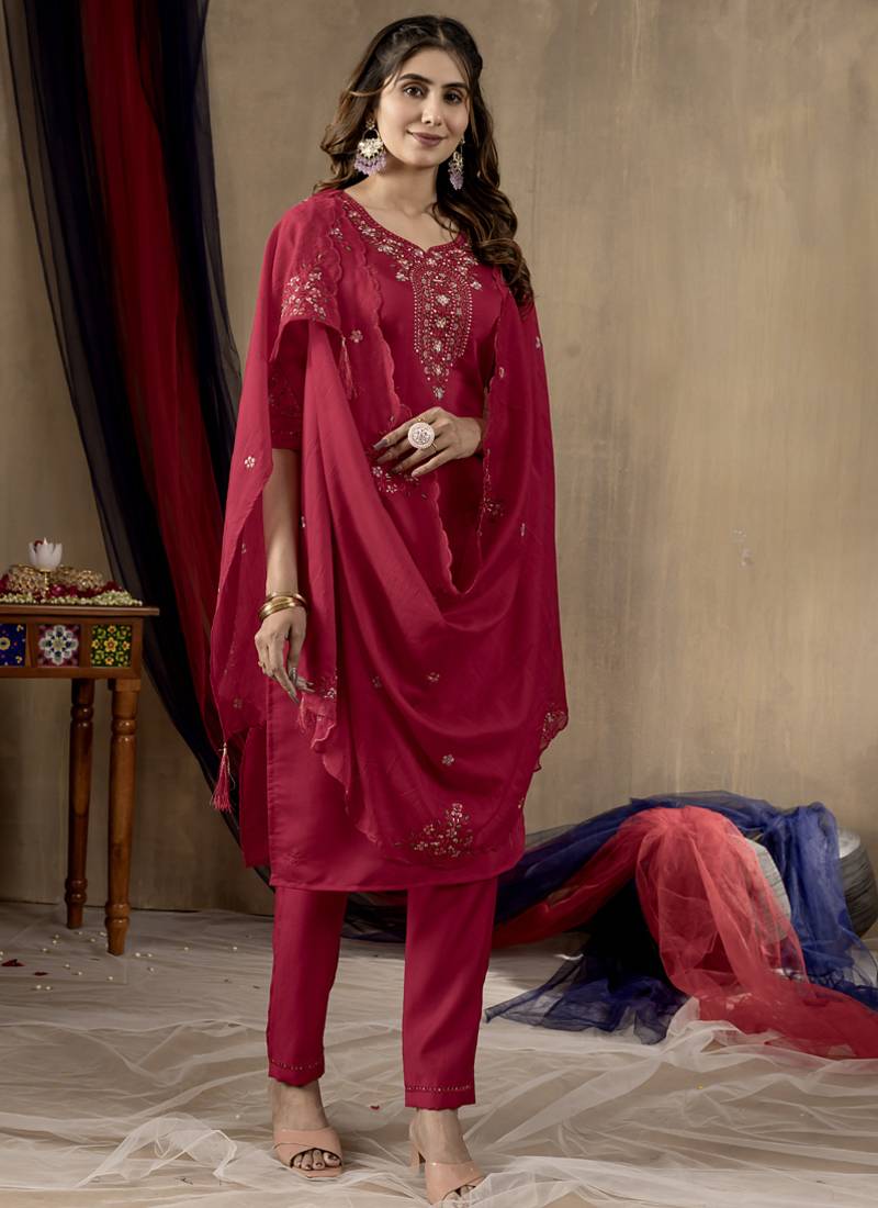 Rani pink roman silk thread embroidered designer salwar suit