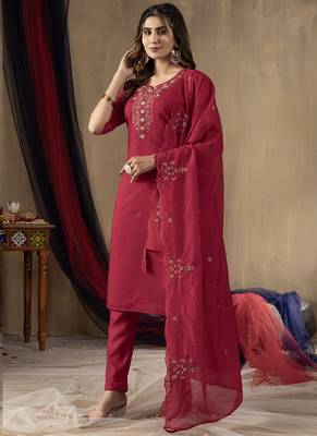 Rani pink roman silk thread embroidered salwar suit 3