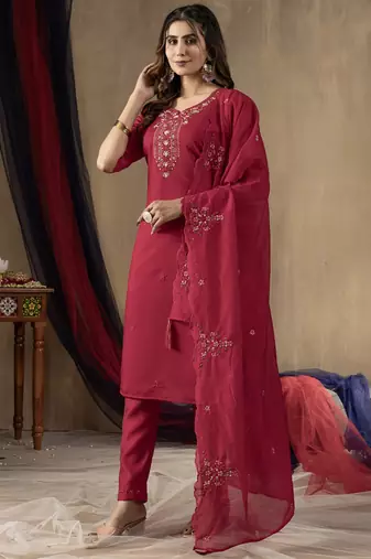 Rani pink roman silk thread embroidered salwar suit