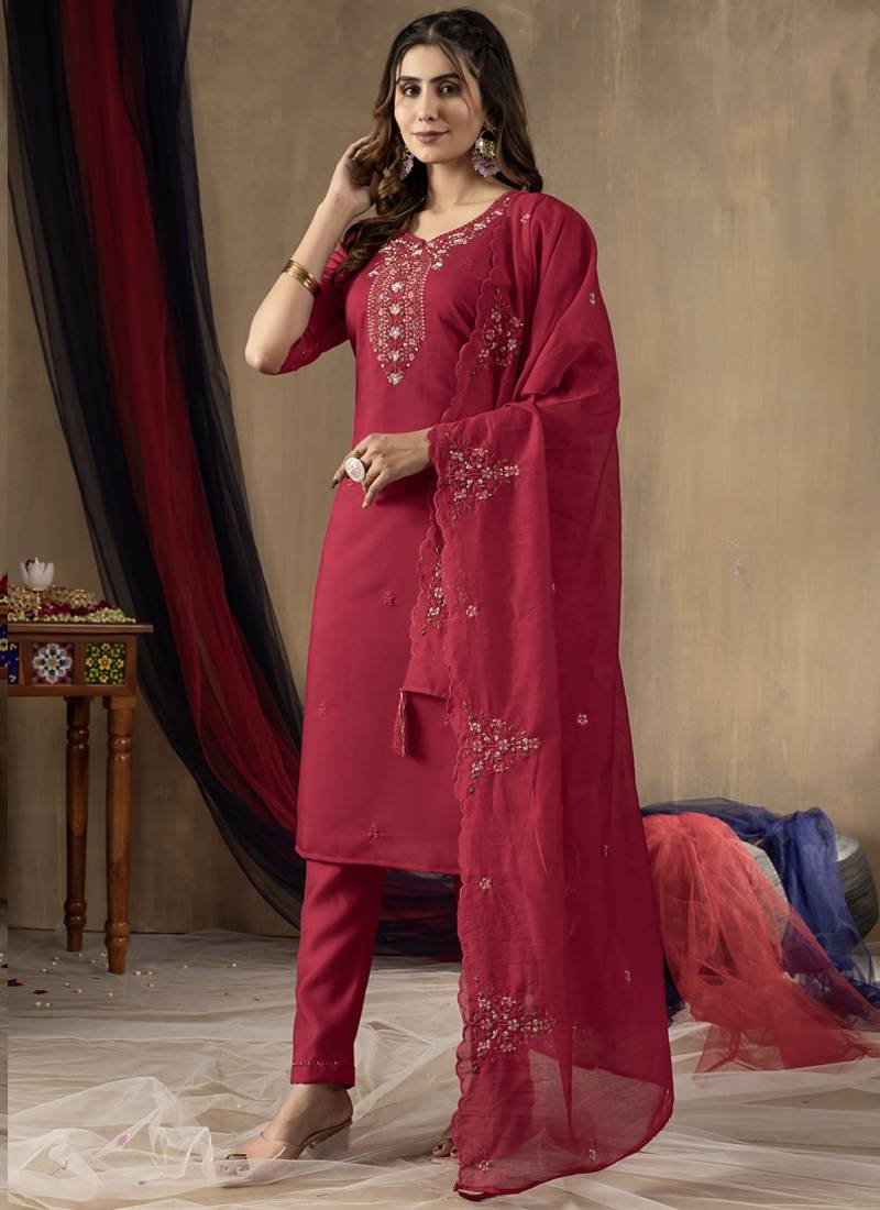 Rani pink roman silk thread embroidered designer salwar suit