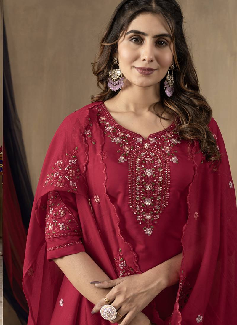 Rani pink roman silk thread embroidered designer salwar suit