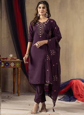 Wine roman silk thread embroidered salwar suit 1