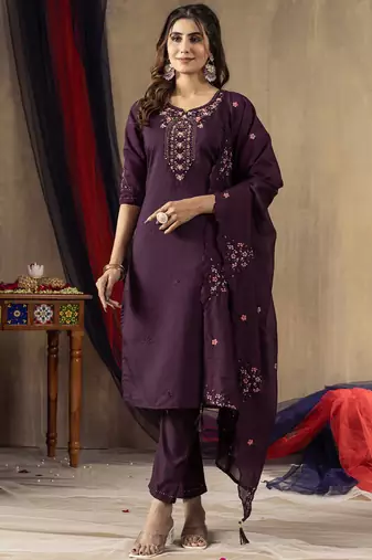 Wine roman silk thread embroidered designer salwar suit