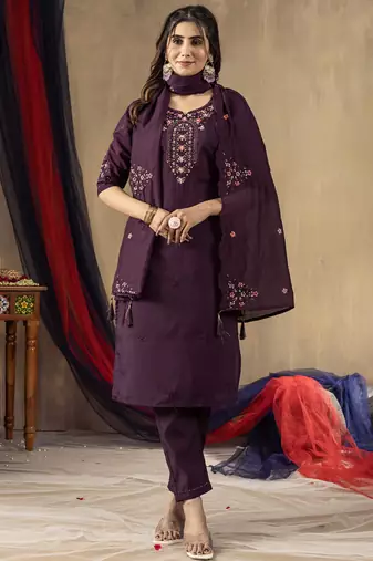 Wine roman silk thread embroidered salwar suit