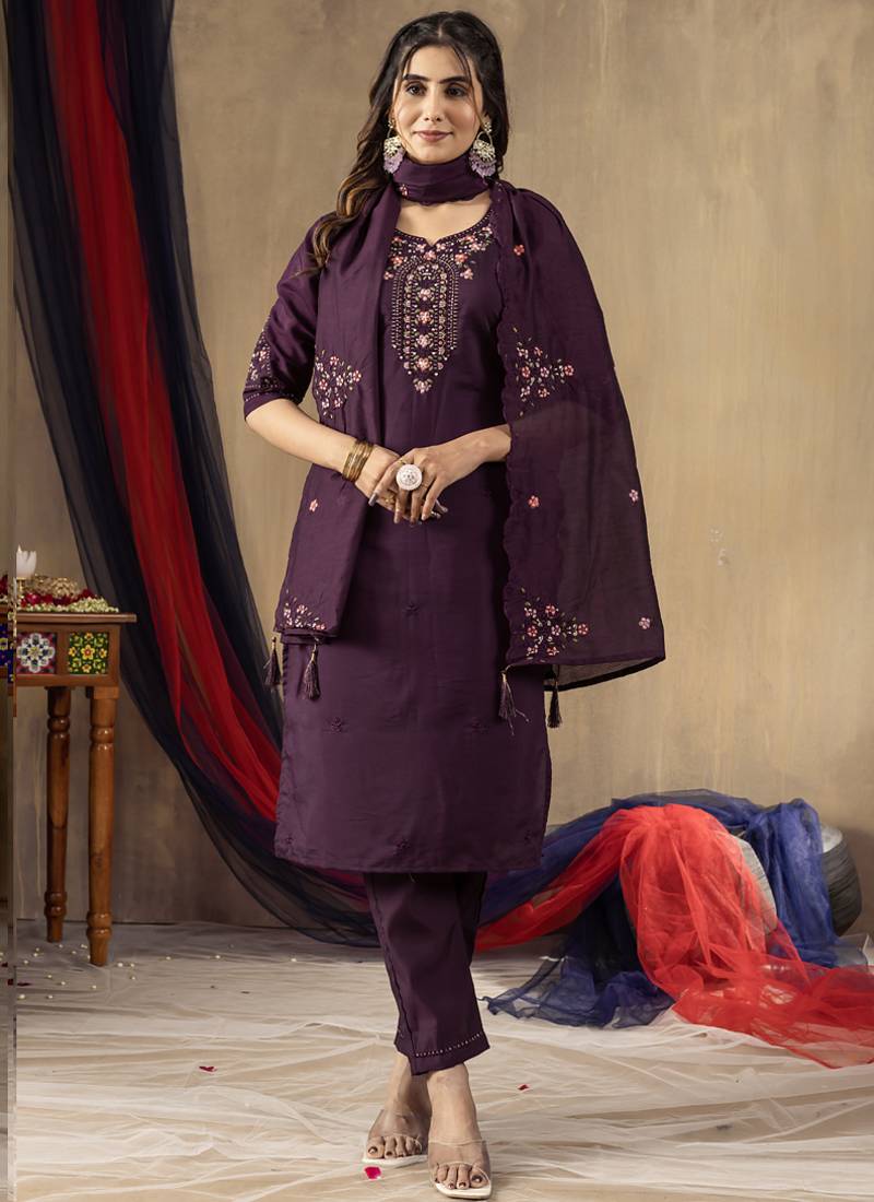 Wine roman silk thread embroidered designer salwar suit