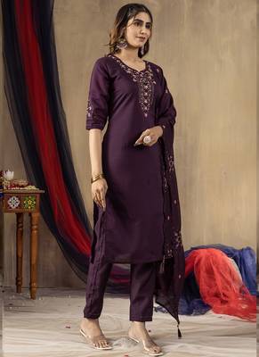 Wine roman silk thread embroidered salwar suit 3