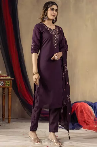 Wine roman silk thread embroidered salwar suit