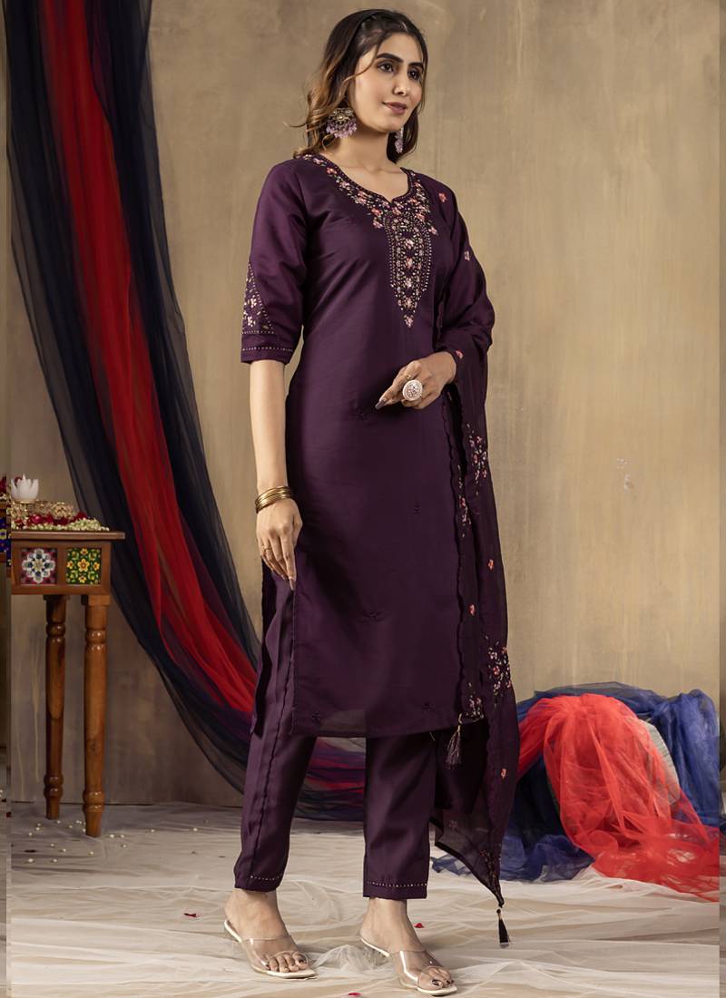 Wine roman silk thread embroidered designer salwar suit