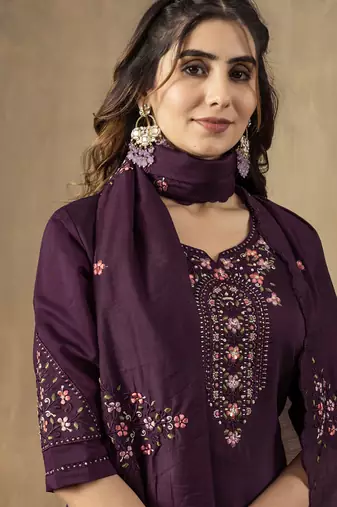 Wine roman silk thread embroidered salwar suit