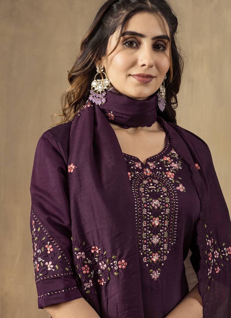 Wine roman silk thread embroidered designer salwar suit