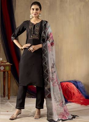 Black roman silk thread embroidered salwar suit 1