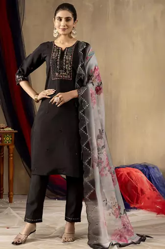 Black roman silk thread embroidered designer salwar suit