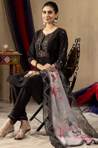 Black roman silk thread embroidered salwar suit