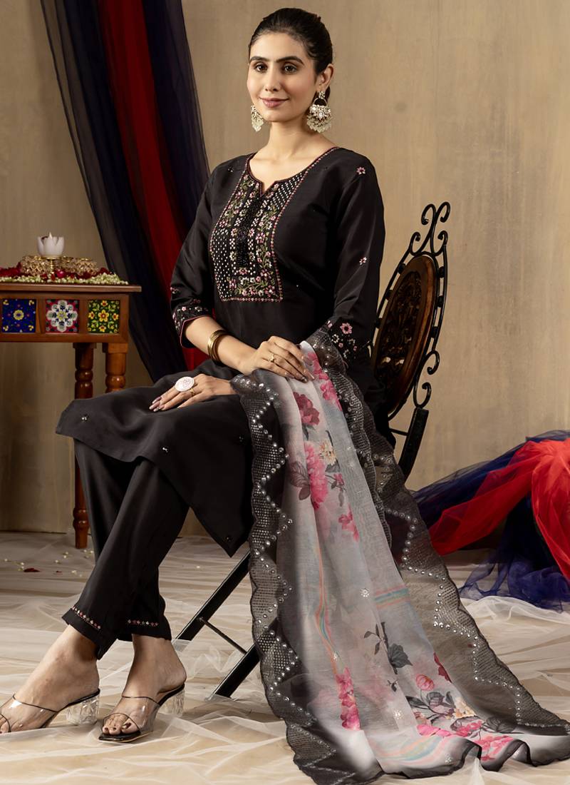Black roman silk thread embroidered designer salwar suit