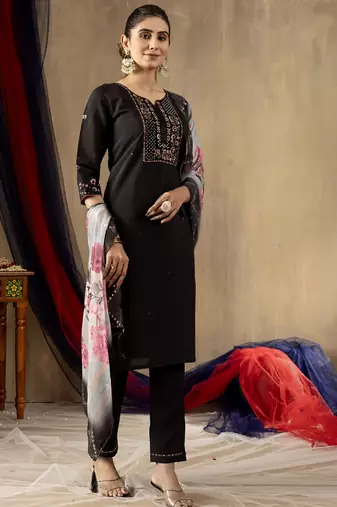 Black roman silk thread embroidered salwar suit