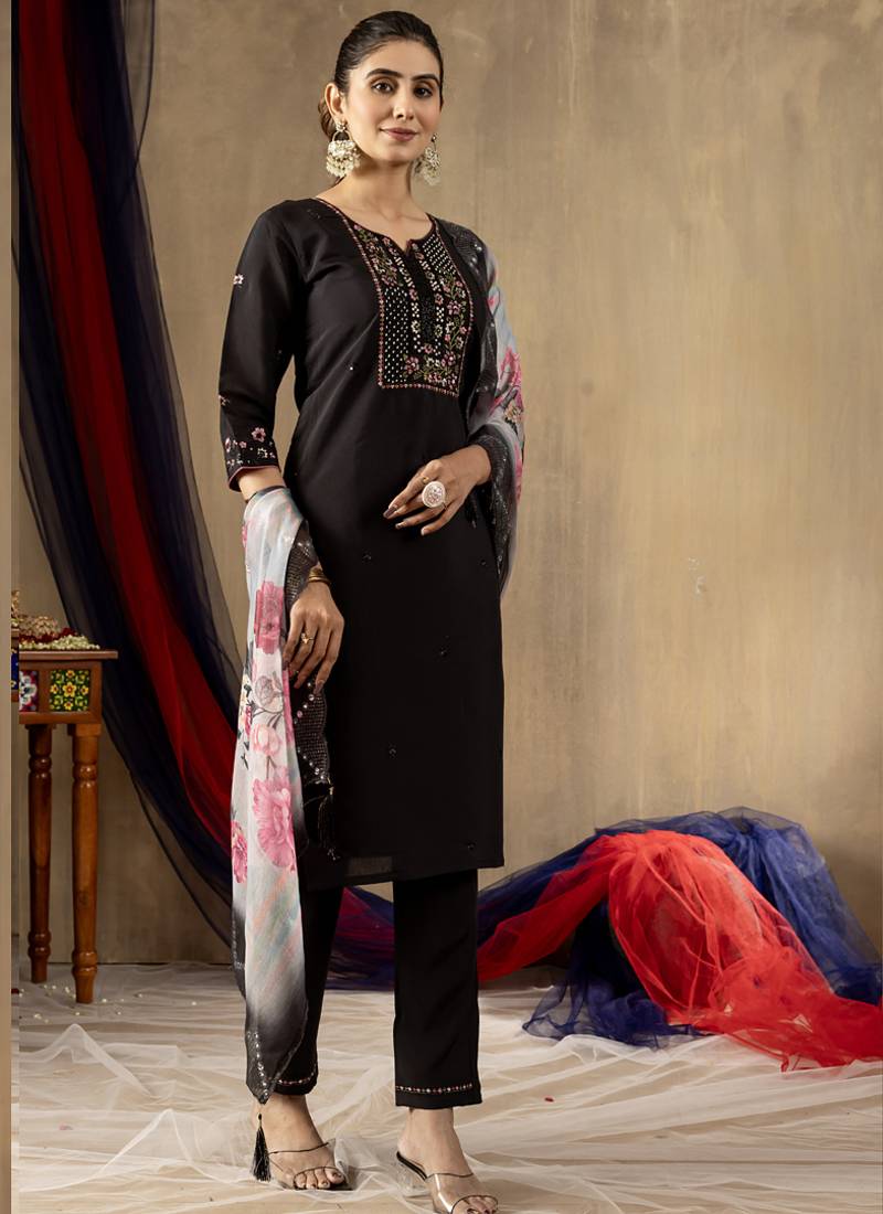 Black roman silk thread embroidered designer salwar suit