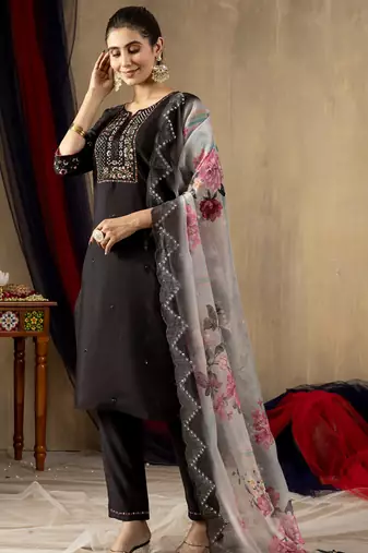 Black roman silk thread embroidered salwar suit