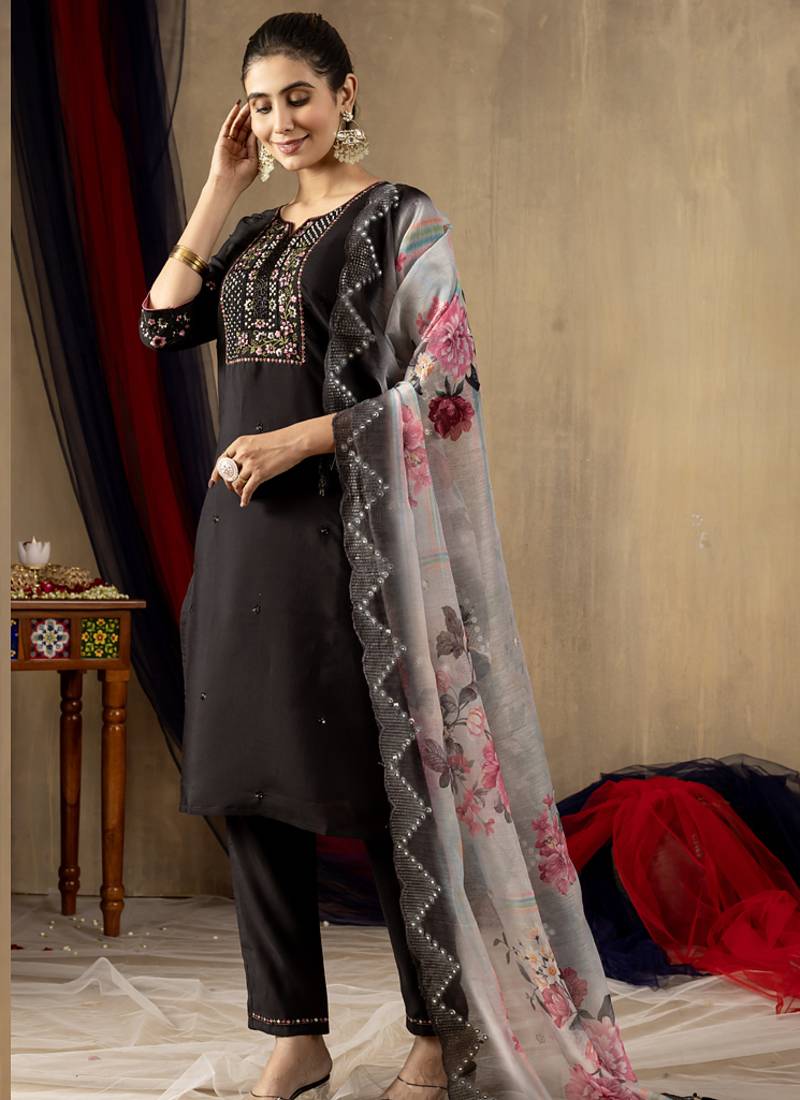 Black roman silk thread embroidered designer salwar suit