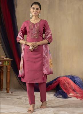 Onion pink roman silk thread embroidered salwar suit 1