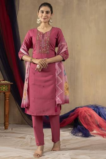 Onion pink roman silk thread embroidered designer salwar suit