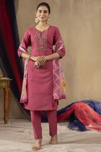 Onion pink roman silk thread embroidered designer salwar suit