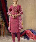 Onion pink roman silk thread embroidered designer salwar suit