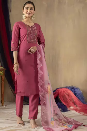 Onion pink roman silk thread embroidered salwar suit