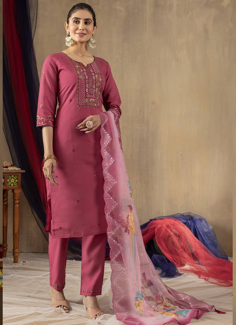Onion pink roman silk thread embroidered designer salwar suit