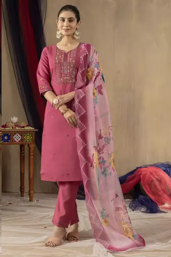 Onion pink roman silk thread embroidered salwar suit